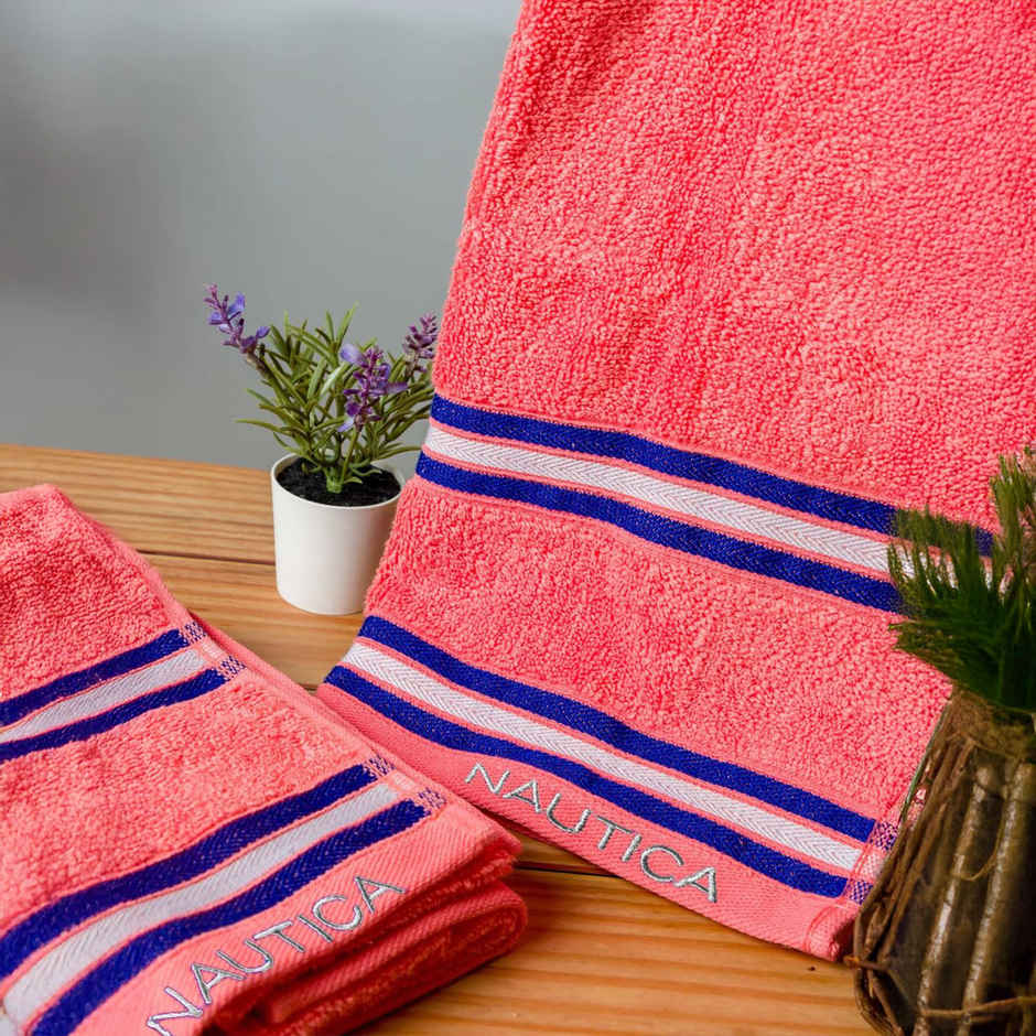 Nautica Super Soft Zero Twist 100% Cotton Towel -1pc Bath Towel | Vintage Crew Stripe Solid-Coral