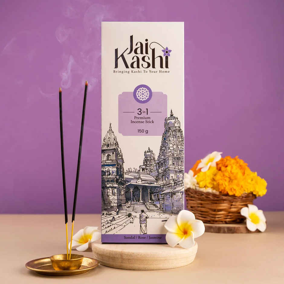 Betel Leaves (Paan) (10pc) & Jai Kashi 3 In 1 Premium Incense Stick (150g) & Jai Kashi Pancha Deepam Pooja Oil (1l) & Jai Kashi Pure Camphor (50g) & Jai Kashi Janeu (4pc) & Jai Kashi Round/ Flower Cotton Wicks (200pc) Combo