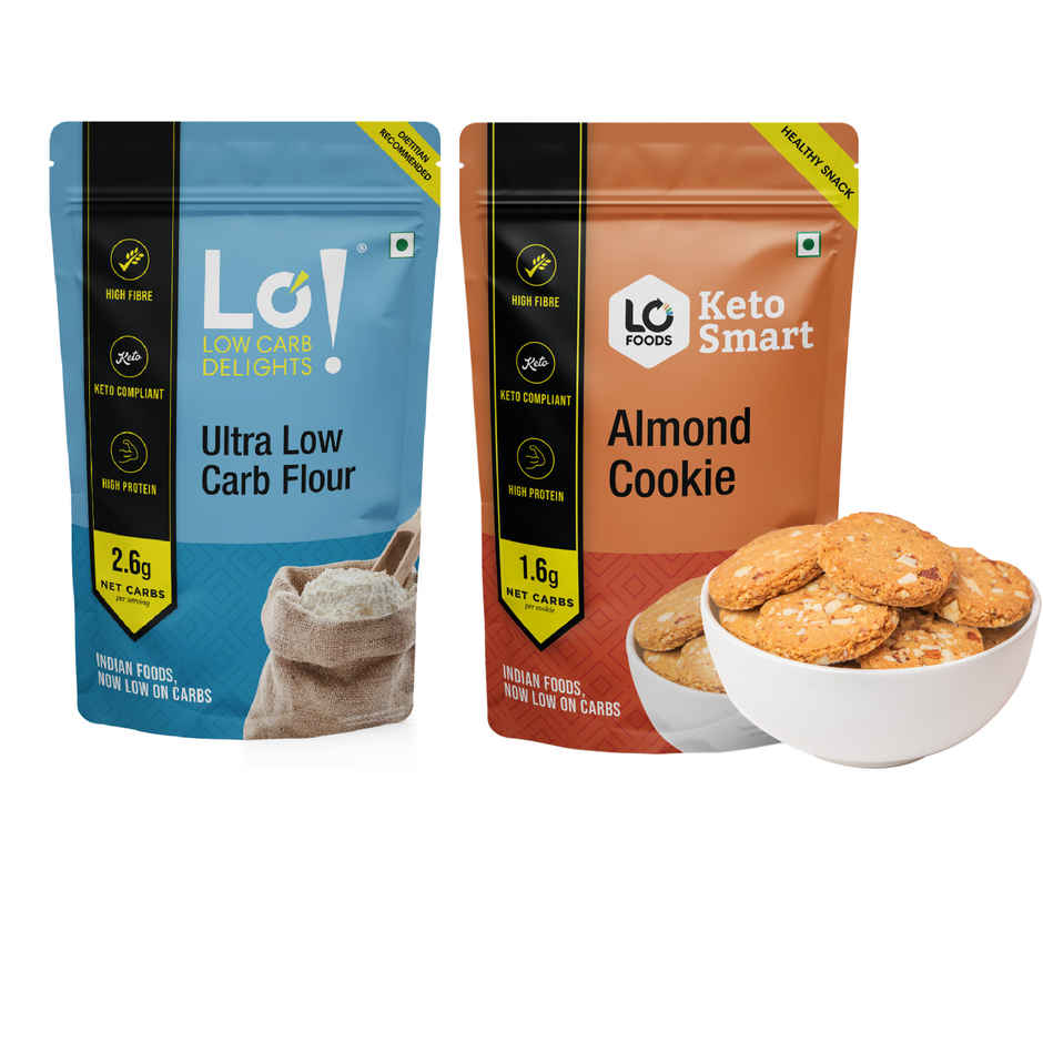 Lo Foods Ultra Low Carb Keto Flour, Keto Friendly Select Multigrain Atta With Almond Flour (1kg) & Lo! Foods Keto Cookies Almond Flavoured Biscuits (100g) Combo