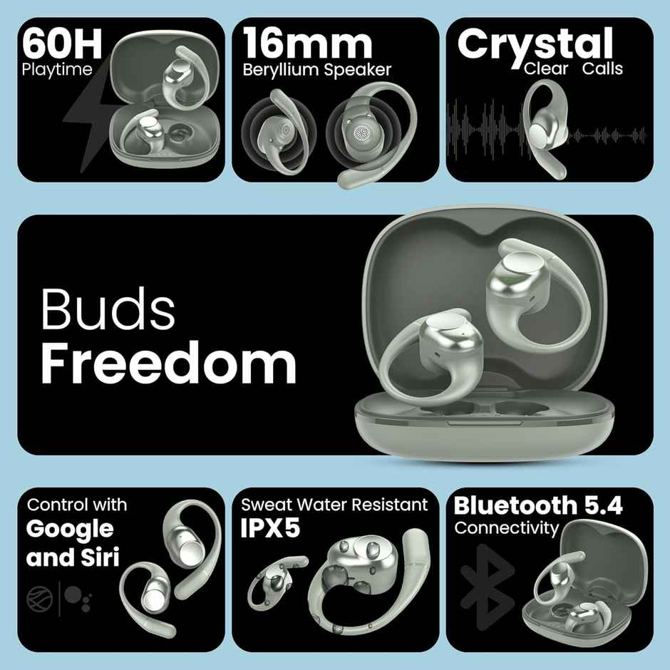 truke Buds Freedom Truly Wireless Bluetooth OWS with 4Mic PureVoice ENC, 60H Battery - MintGreen