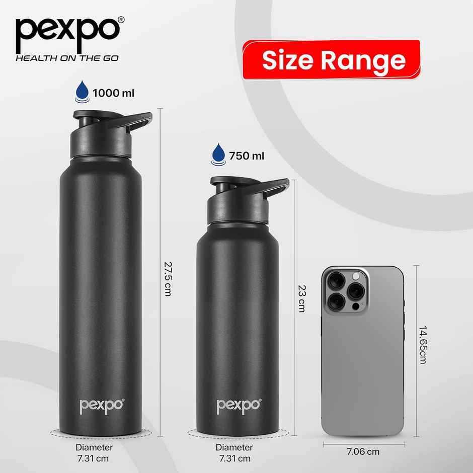 Pexpo Stainless Steel Chromo Sports/Fridge Sipper Water Bottle | Knight Black | 1 L