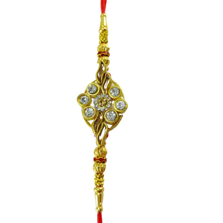Gullak Kundan Flower With Golden Leaf Rakhi