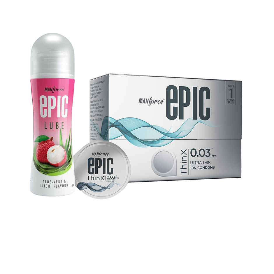 Manforce Epic Thinx Ultra Thin Condoms (10pc) & Manforce Epic Lube - Aloe-Vera & Litchi (60ml) Combo
