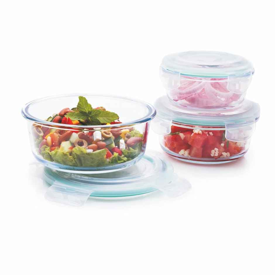 Signoraware Lock N Store Round Borosilicate Glass Container | 400 ml + 620 ml + 950 ml |Transparent
