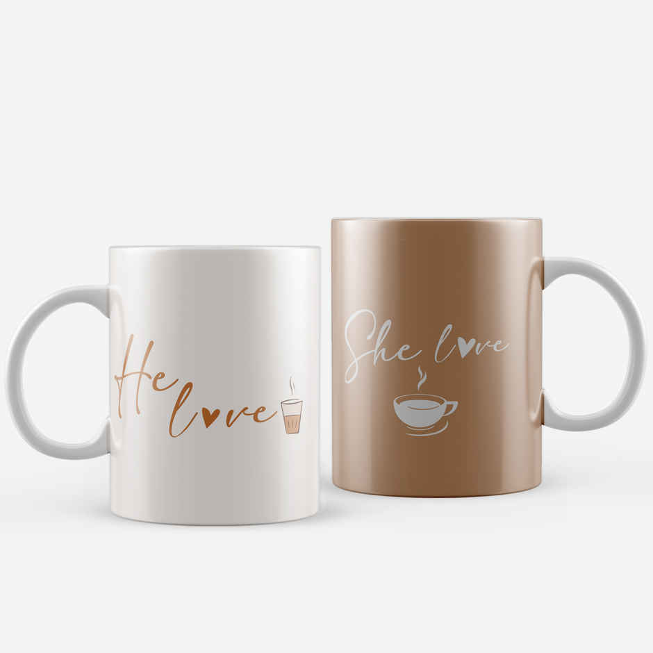 She Loves Coffee and He Loves Tea Ceramic Mug Set | Cute Couple Mugs Valentine Gift | EcraftIndia