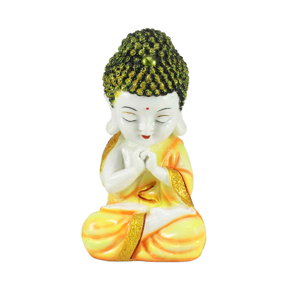 eCraftIndia Yellow And White Polyresin Praying Little Monk Buddha Statue