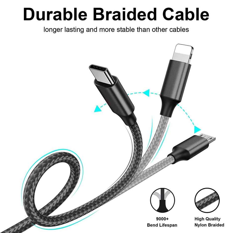 Bestor 3-in-1 Multi Charging Cable - Nylon Braided Fast Charging Cable for Android, iOS, Type-C Devices - Compatible with Smartphones & Tablets - Black