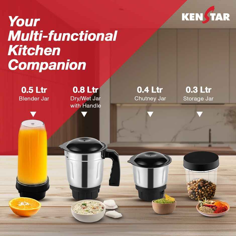 Kenstar SLENDER 4Jar Mixer Grinder 500 W|Superior Mixie For Kitchen|2-in-1 for Dry Grinding- Black