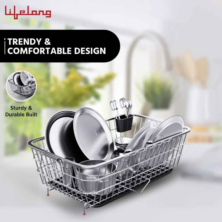 Lifelong Kitchen Organizer Stainless Steel Drying Rack Utensil Drainer Basket Sink Bartan Stand