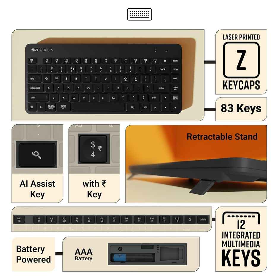 Zebronics Companion 201 2.4Ghz Wireless Keyboard & Mouse Combo, 83 Keys, Ai Assist Key (Black)