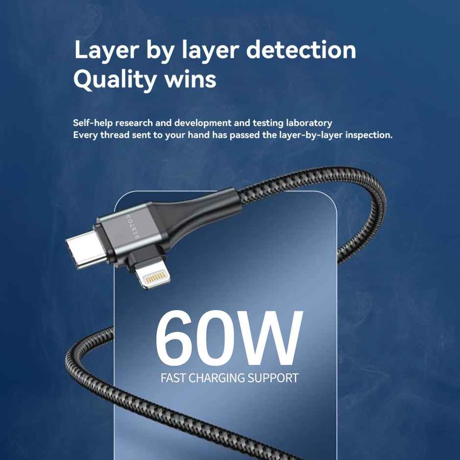 Bestor 4-In-1 60W Unbreakable Nylon Braided Fast Charging Cable With Multiport,Data Transfer(Gray)