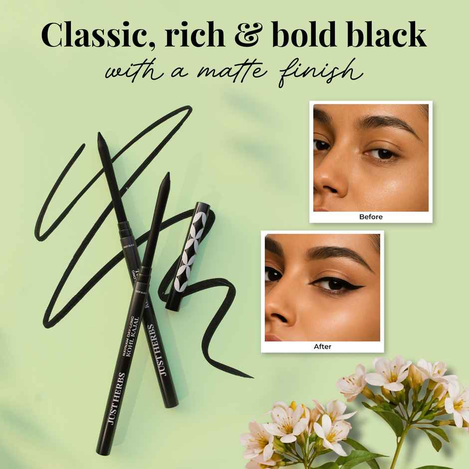 Just Herbs Naynam Day Long Kohl Kajal Smudge-Proof Sweet Almond Oil & Vitamin E (Deep Black)