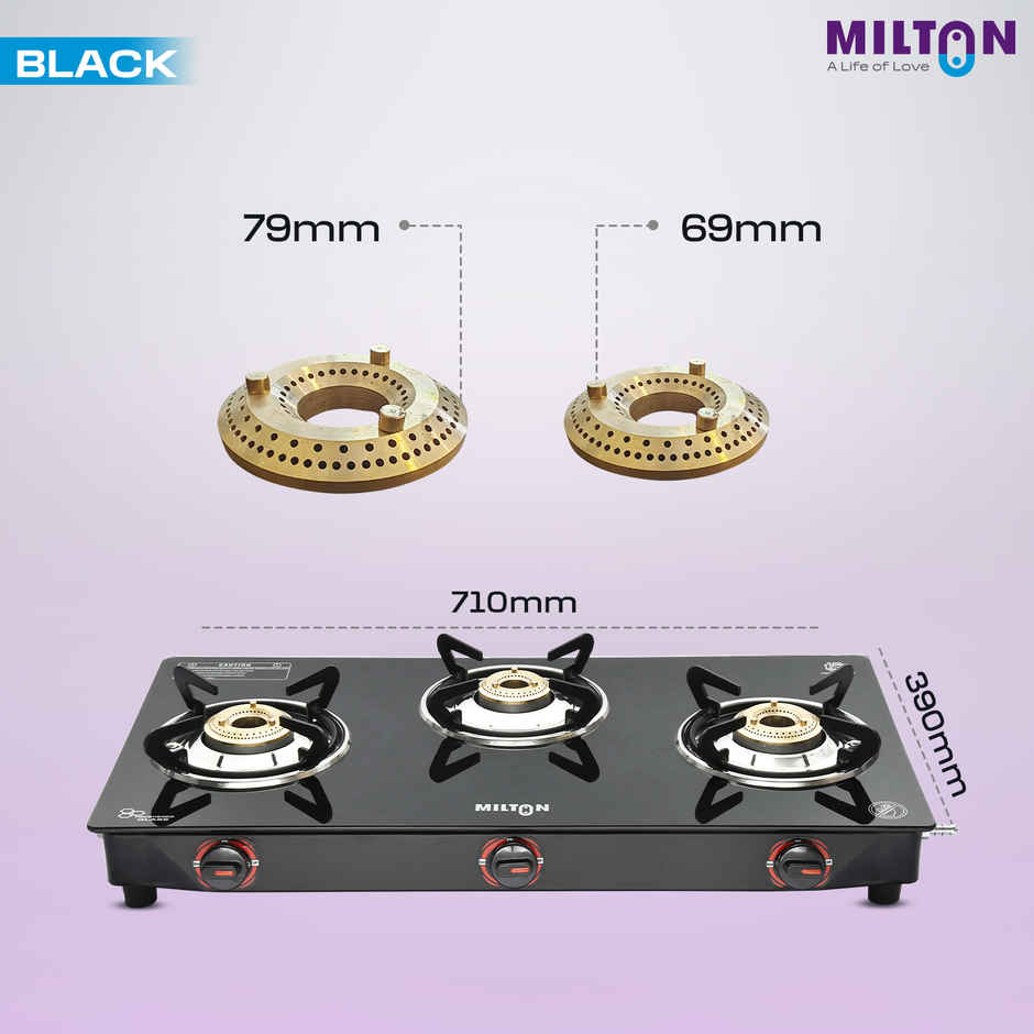 Milton Premium 3 Burner Black Manual Ignition Glass Top Gas Stove | ISI Certified