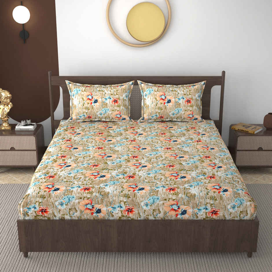 Furnofy Flat Double Bedsheet with 2 Pillow Covers | Floral - 90 x 100 in
