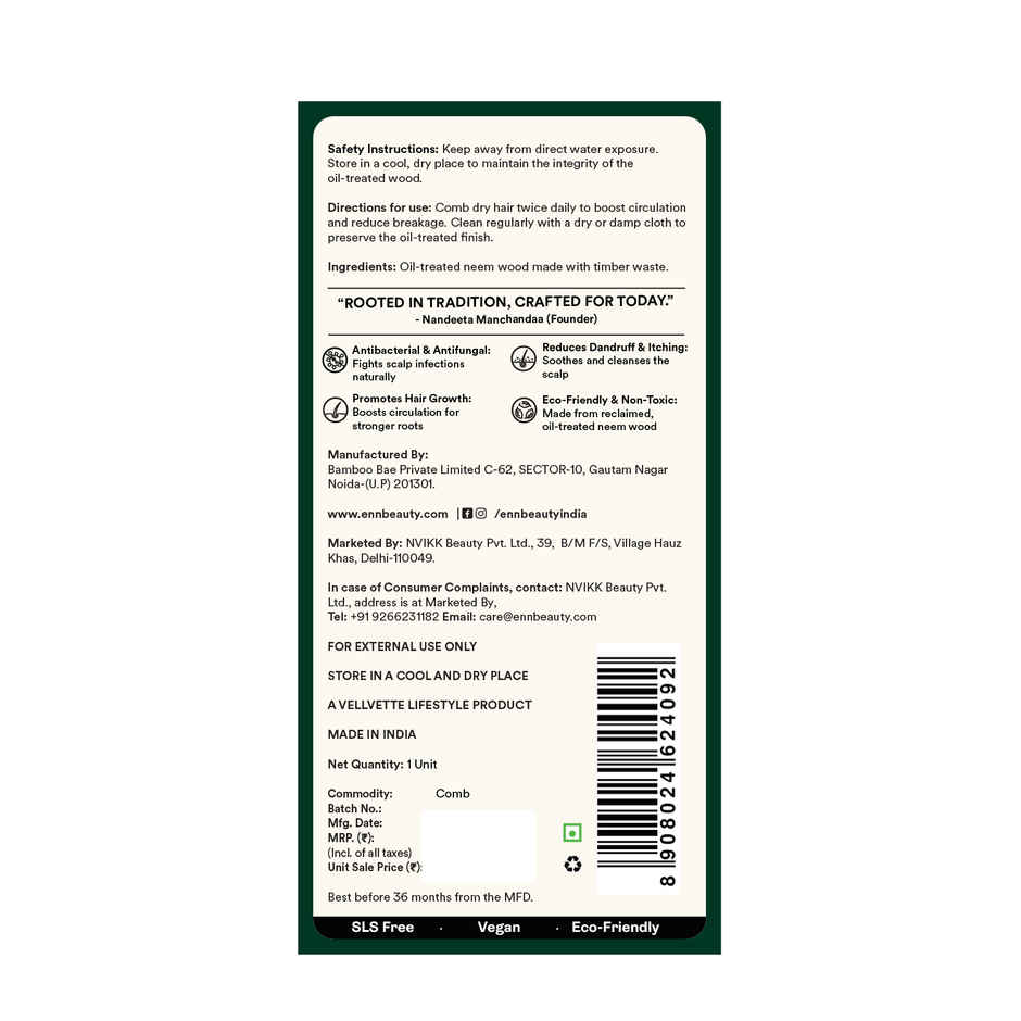 ENN Beauty Neem Wood Herbal Comb | Wide Tooth |Ayurvedic Hair Care for Growth, Shine & Frizz Control