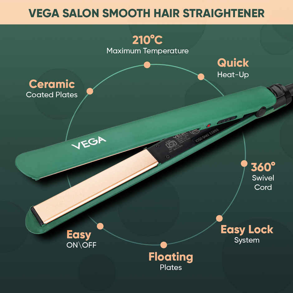Vega Salon Smooth Hair Straightener for Women with Quick Heatup, 1 Year Warranty, Green (VHSH-42)