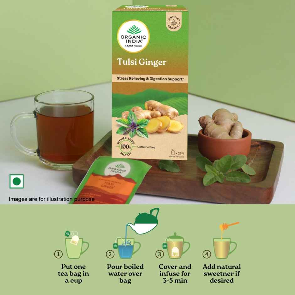 A TATA Product - Organic India Tulsi Ginger - 25 Tea Bags, Rich in Antioxidants, Supports Digestion
