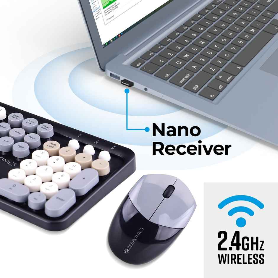 Zebronics Companion 301 2.4Ghz Wireless Keyboard & Mouse Combo With Uv Printed Style (Black + Grey)