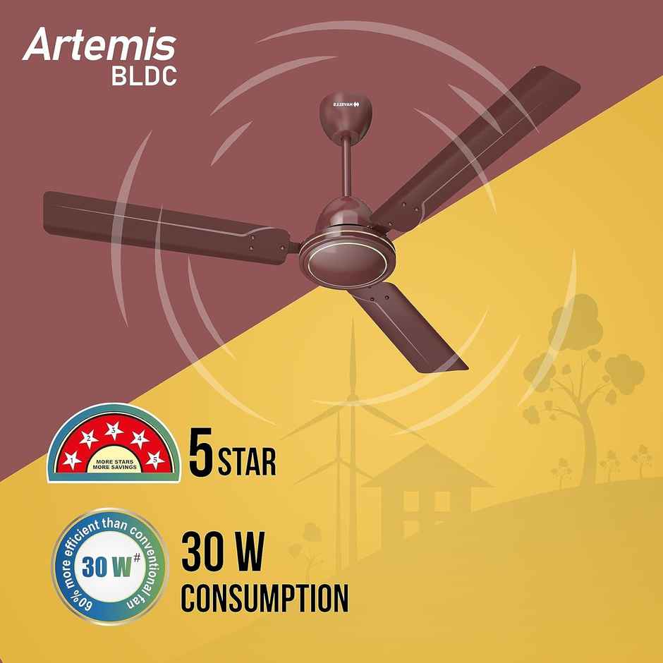 Havells Artemis BLDC Motor Ceiling Fan,1200mm,Remote Control,5 Star Rated, 100% Copper Motor, Brown