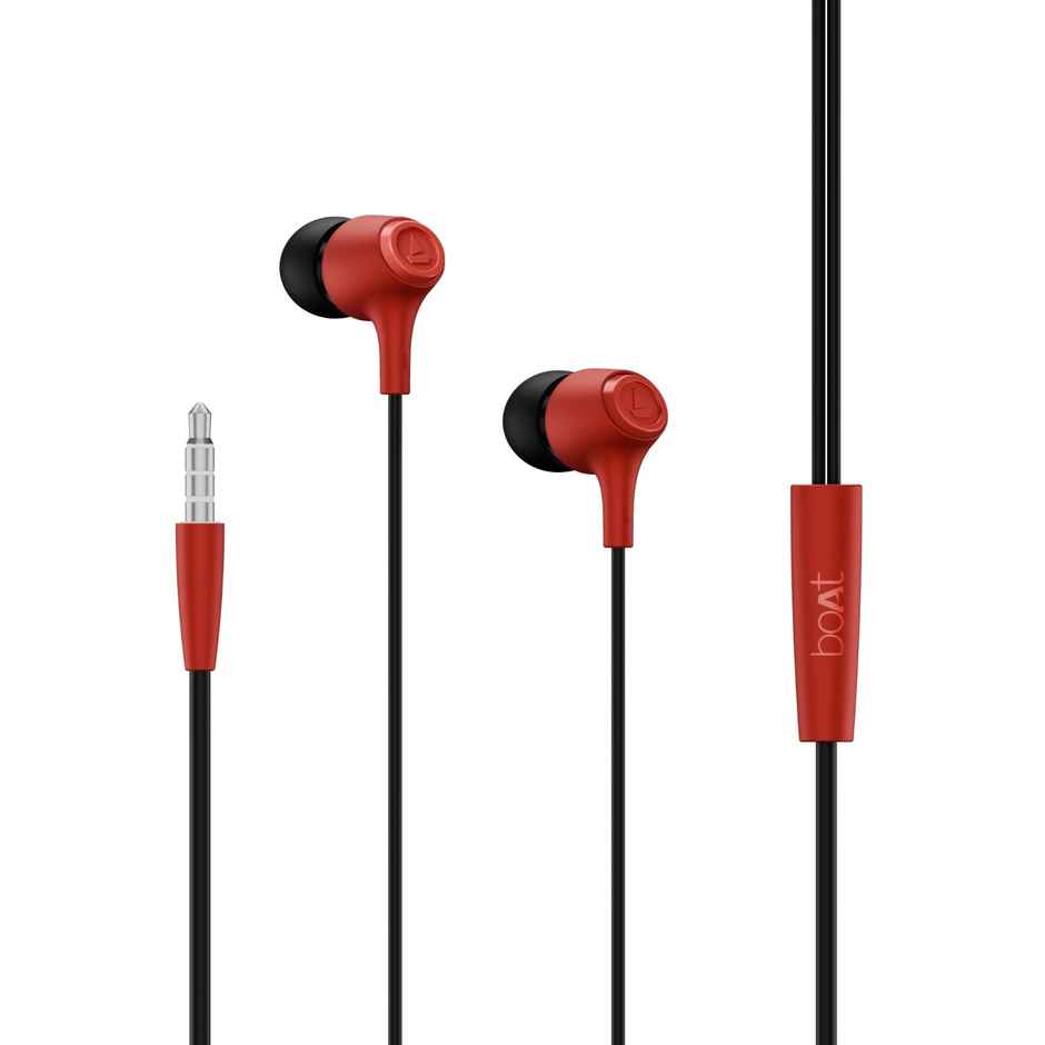 boAt BassHeads 95 Wired Earphones, 10mm Drivers, Signature Sound, in-Line Microphone, Integrated Controls, Snug Fit, Lightweight, Voice Assistant, 120cm Cable & 3.5mm Jack - Raging Red