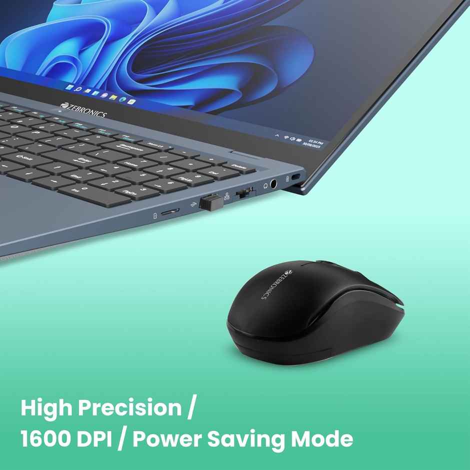 Zebronics Zeb-Dash Plus 2.4GHz High Precision Wireless Mouse with up to 1600 DPI, Power Saving Mode, Nano Receiver and Plug & Play Usage - USB - Black