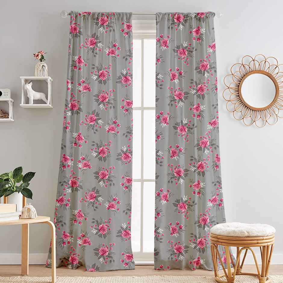 Lushomes Semi-Sheer Door Curtain - Grey Flowers | 8 ft | 57 x 96 inch