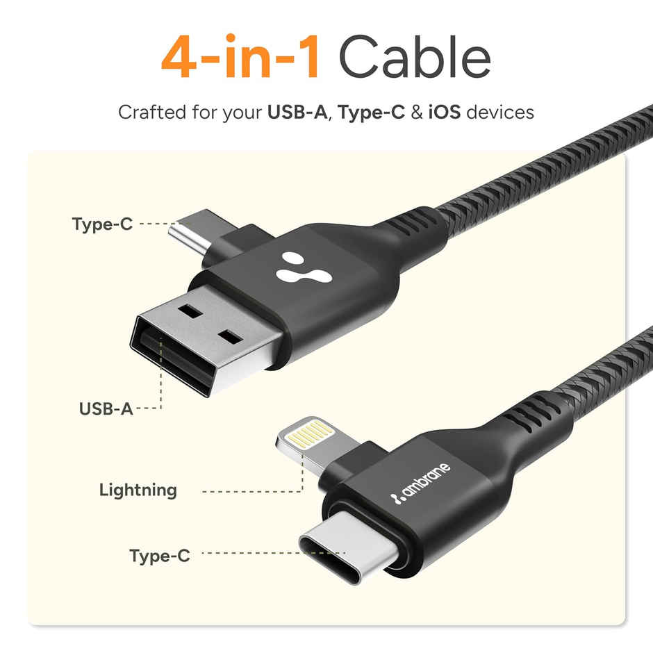Ambrane 4 in 1 Multi-Functional fast Charging Cable, USB, Type-C, Lightning Cable (AC4CL-15)