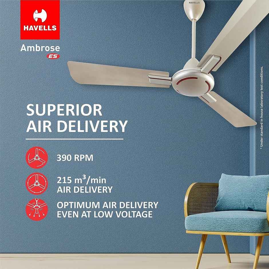 Havells Ambrose ES Ceiling Fan, 1200mm, Energy Saving, 100% Pure Copper Motor, Gold Mist Wood
