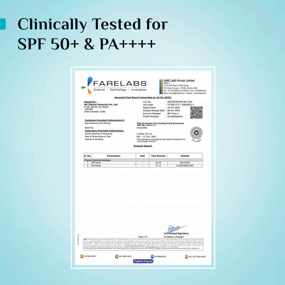 Pilgrim Korean Aloe Cooling Fluid Sunscreen SPF 50+ PA++++ with Hyaluronic Acid