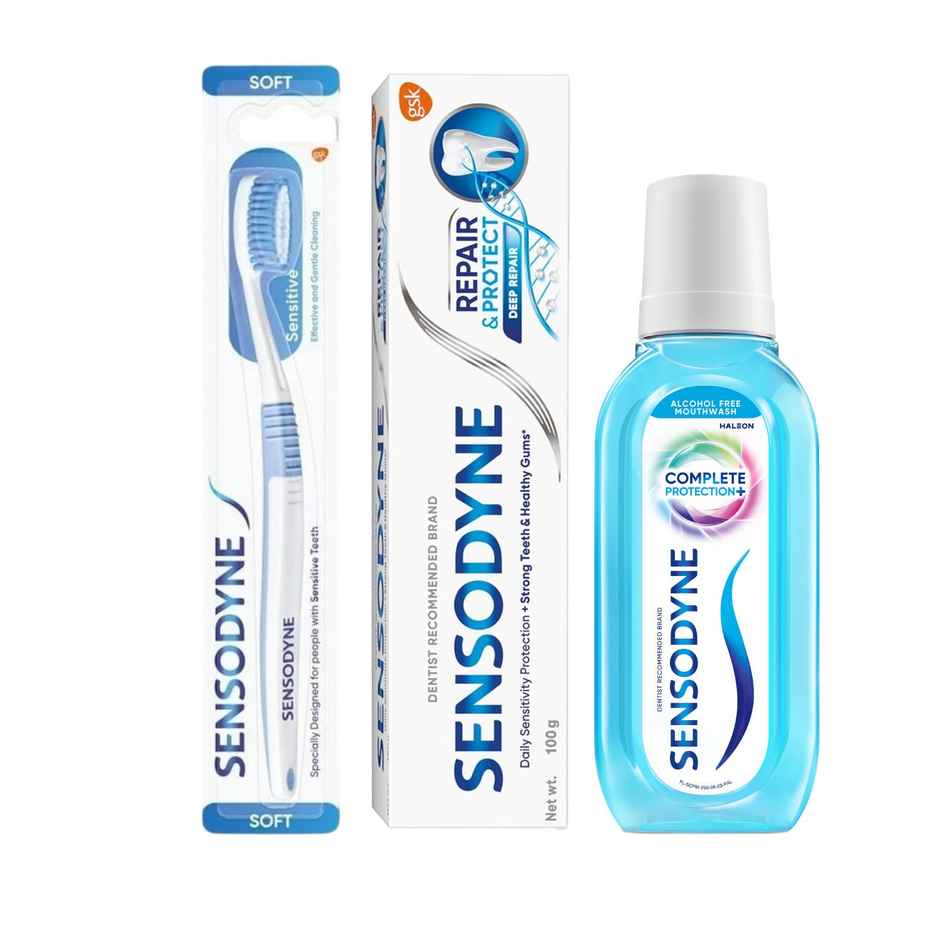Sensodyne Toothpaste Repair & Protect, Tooth Paste For Deep Repair Of Sensitive Teeth (100g) & Sensodyne Complete Protection+ Mouthwash (250ml) & Sensodyne Sensitive Toothbrush With Soft Round Bristles - Assorted (1pc) Combo