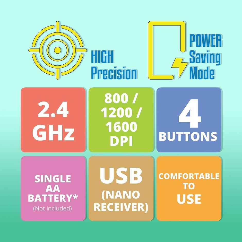 Zebronics Zeb-Dash Plus 2.4GHz High Precision Wireless Mouse with up to 1600 DPI, Power Saving Mode, Nano Receiver and Plug & Play Usage - USB - Black