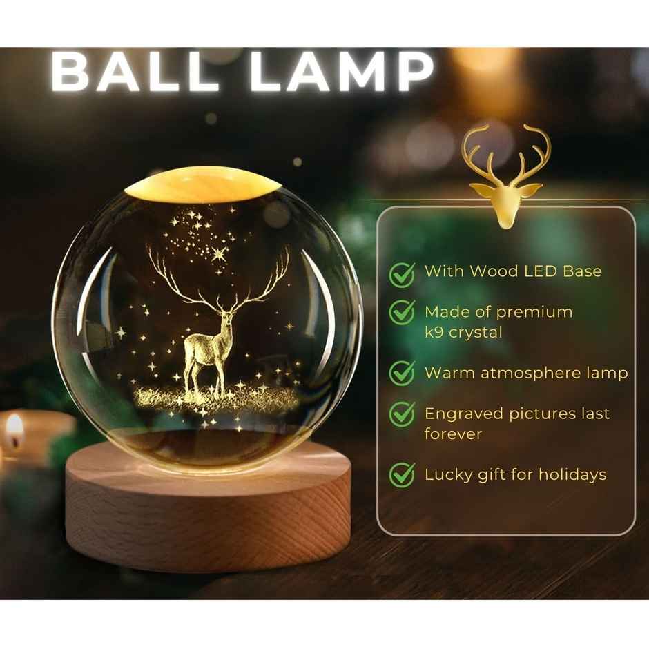 Hashwow Deer 3D Crystal Ball Night Light | 2.4 Inch LED Glass Lamp with Wooden Base|Gift