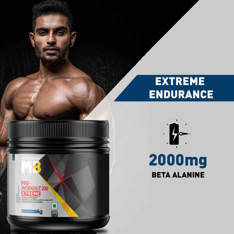 MuscleBlaze Pre Workout 200 Xtreme, (Berry Bolt, 30 Servings)