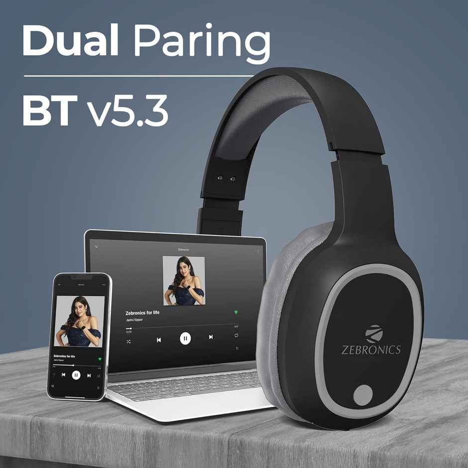 ZEBRONICS THUNDER Bluetooth 5.3 Wireless Headphones with 60H Backup, Gaming Mode, Dual Pairing, ENC, AUX, Micro SD, Voice assistant, Comfortable Earcups, Call Function - Black