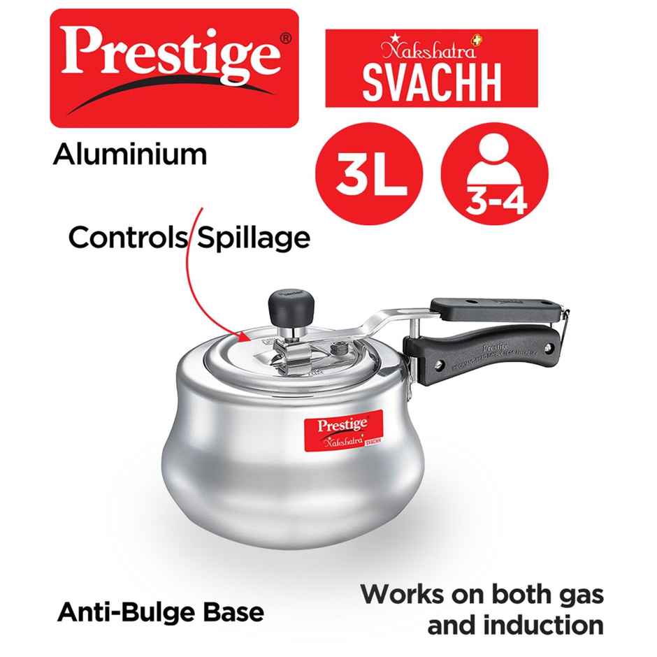 Prestige Nakshatra Plus Svachh Aluminium Pressure Cooker Handi 3L,Unique Deep Lid,5Y Warranty,Silver