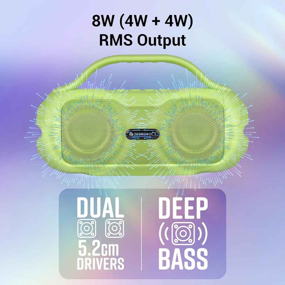 Zebronics Sound Feast 40 BT Speaker | 8W | Upto 16h Playback | Deep Bass | Call Function | Green