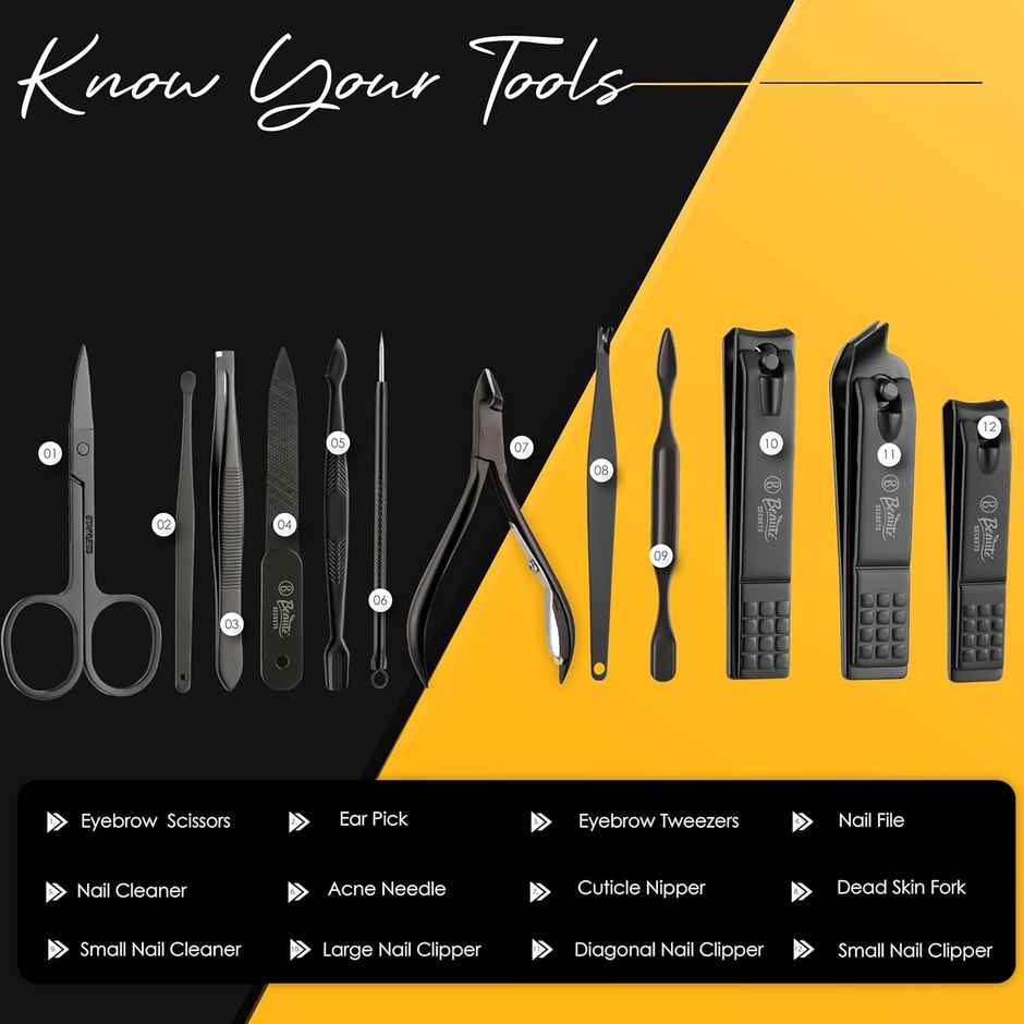 Beaute Secrets 12Piece Manicure Set with Nail Clippers Scissors Acne Needle Travel Case