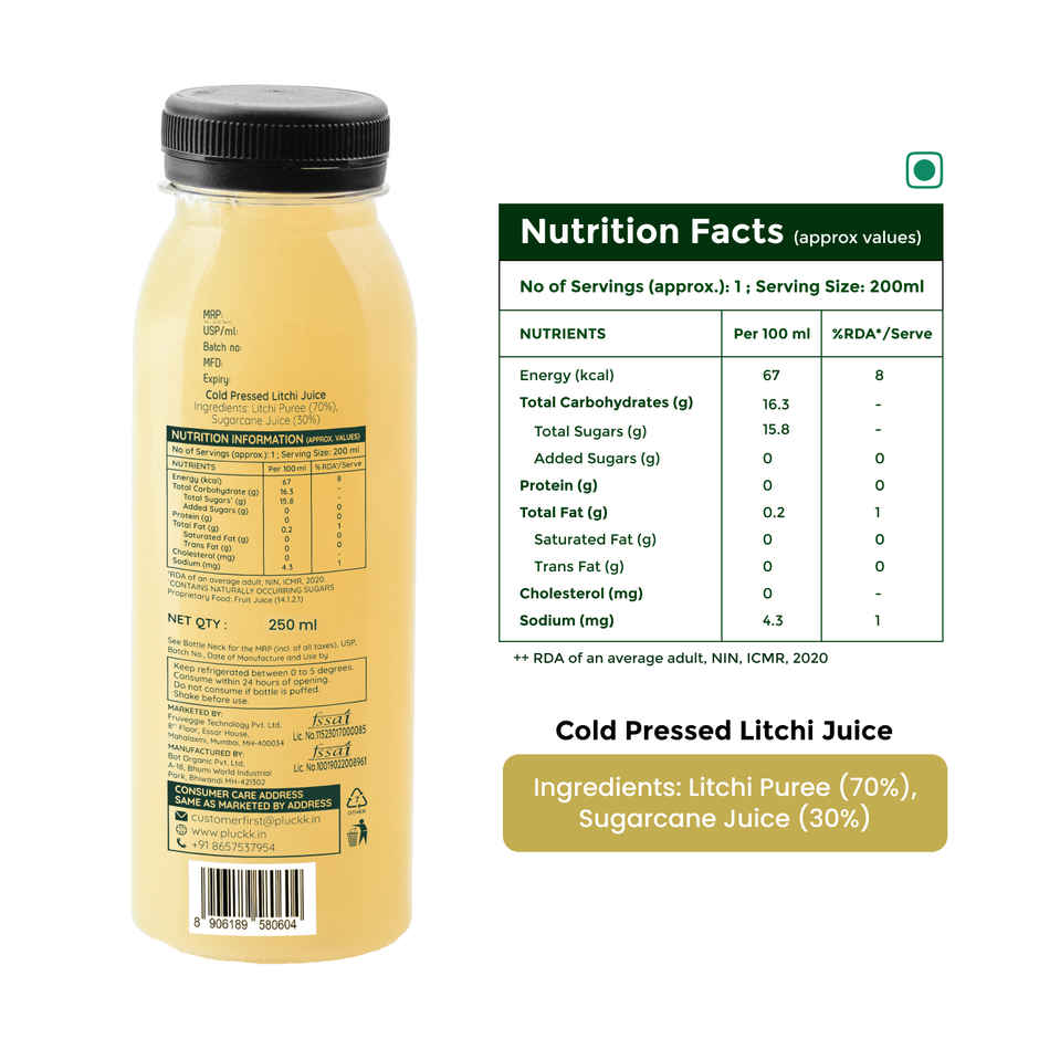 Pluckk Cold-Pressed Litchi Fruit Juice | No Added Sugar | No Preservatives | Rich in Potassium