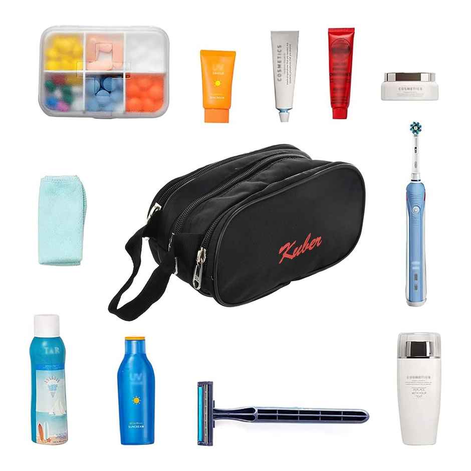 Kuber Industries Rexine Lightweight Travel Toiletry Bag Shaving Kit with Carrying Strap (Black)