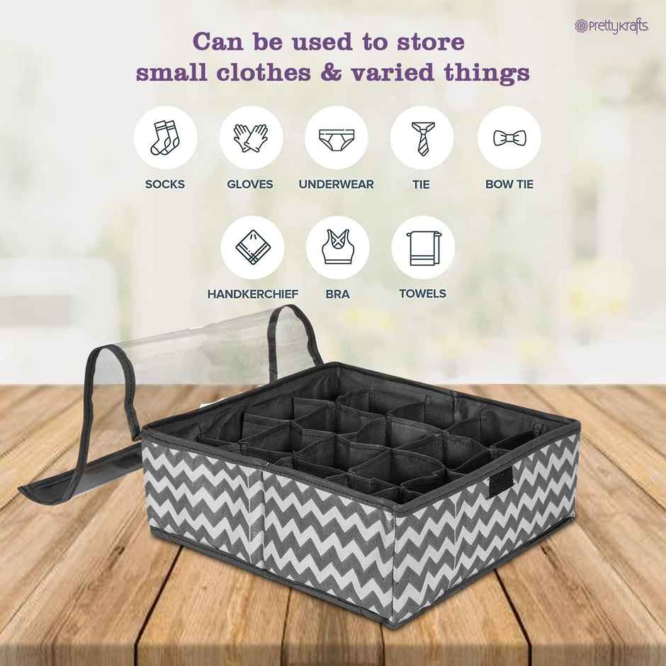 PrettyKrafts Fabric Innerwear Organizer | 15+1 Compartment Drawer Divider for Wardrobe - Black