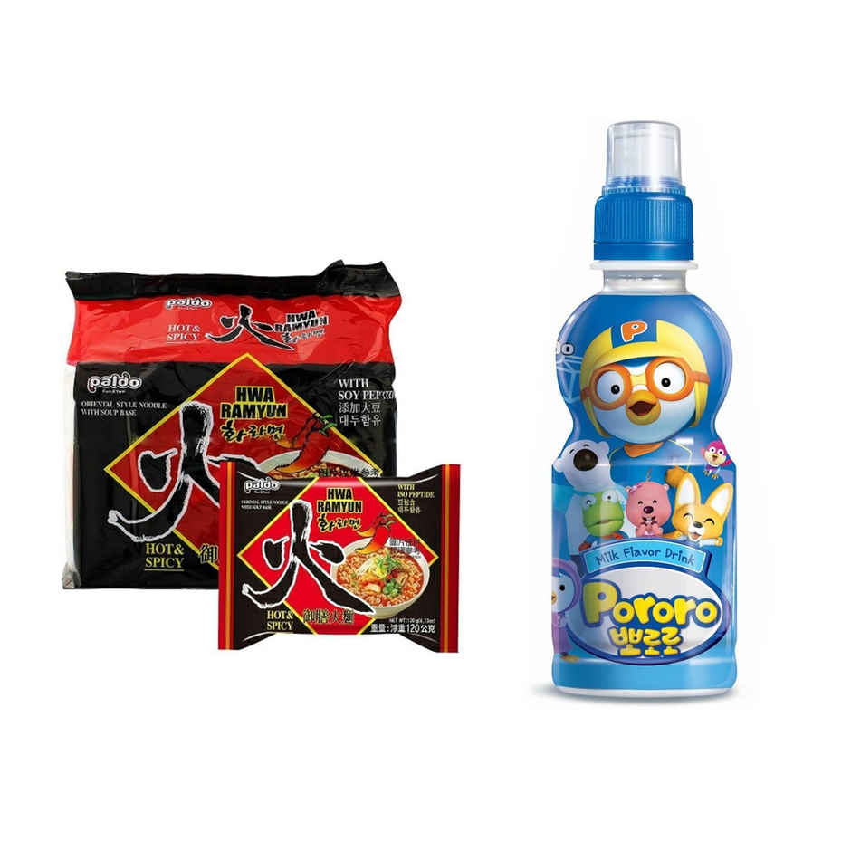 Paldo Hwa Ramyun Spicy Korean Noodles  (Pack Of 5)(600gms) & Pororo Korean Drink Milk Flavor Flavor(235ml) Combo