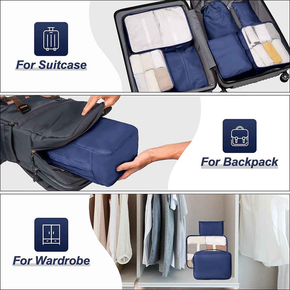 Lazer Polyester Travel Organizer Bag 3 Packing Cubes + 3 Pouches + 1 Toiletry | Dark Blue