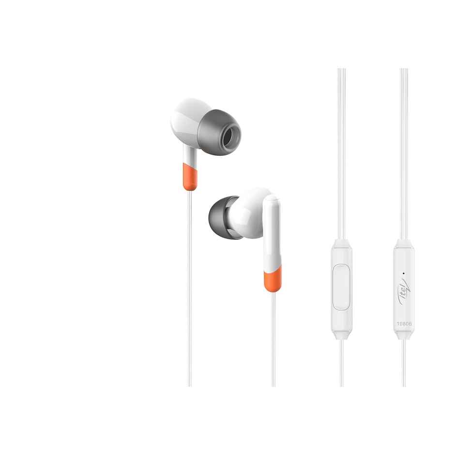 itel Iep12 Wired Earphones - 10Mm Drivers, Tilt Design, 10-Min Fast Charge, In-Line Mic (White)