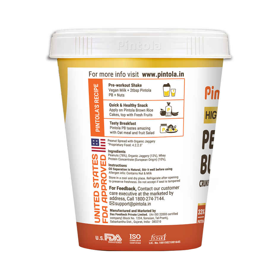Pintola High Protein Organic Jaggery Peanut Butter Crunchy With 33G Protein & 7G Fiber