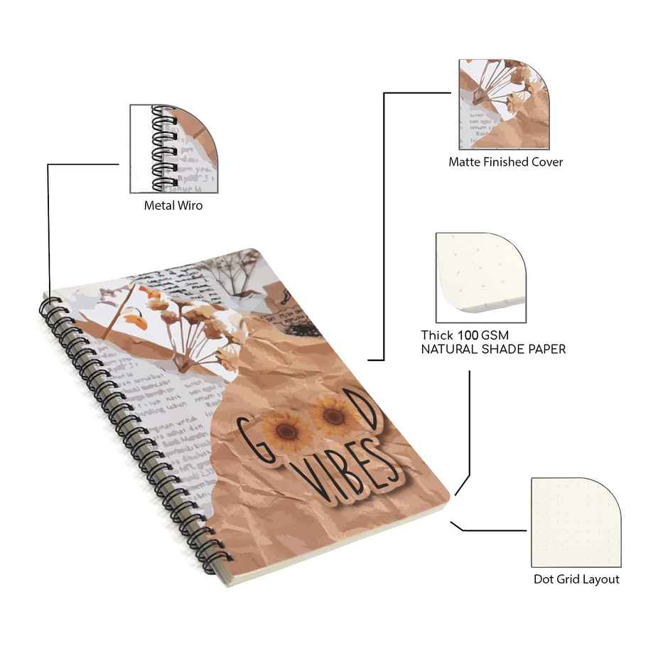 Papboo Dot Grid Spiral Wiro Notebook 120 Pages, 21 x 15 cm, 90 Gsm - Good Vibes