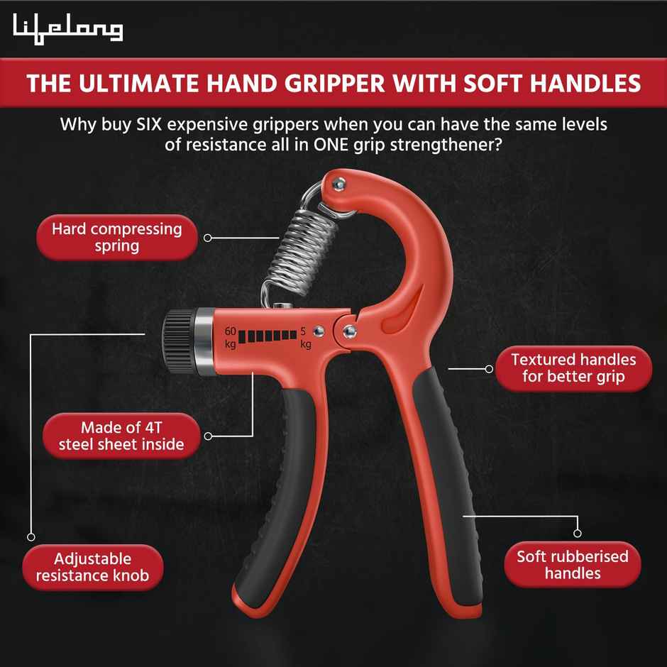 Lifelong Adjustable Hand Grip Strengthener Resistance Hand Gripper for Gym (Red & Black, LLFAHG01)