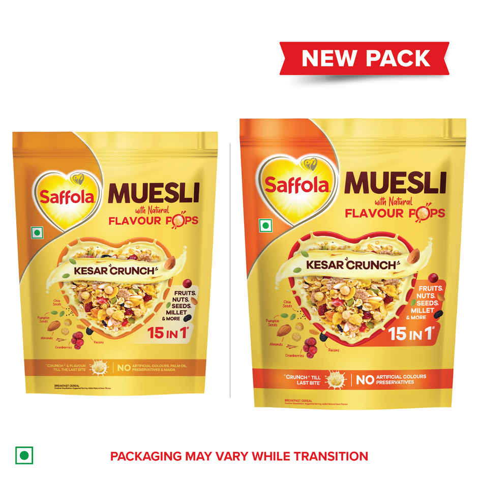 Saffola Muesli Kesar Crunch With Flavour Pops, Fruits, Nuts, Seeds, Millets (15 In 1)