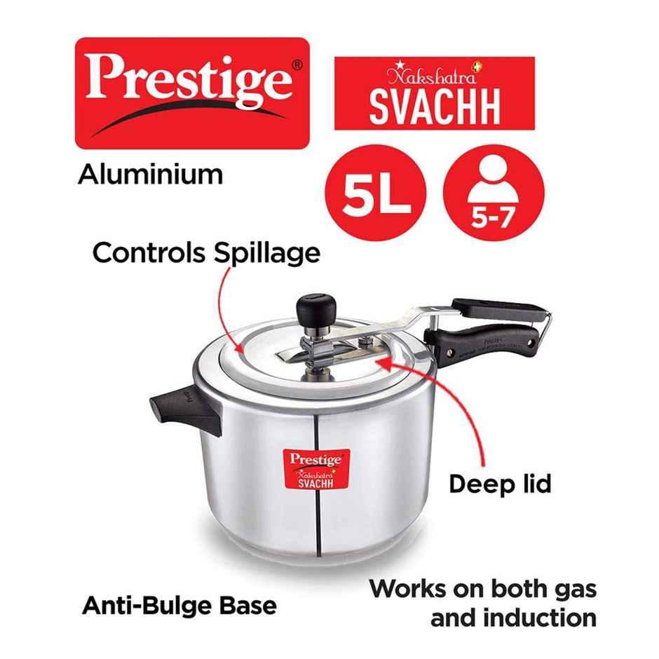 Prestige Aluminium Inner Lid Nakshatra Plus Svachh Spillage Control Pressure Cooker, 5 L (Silver)
