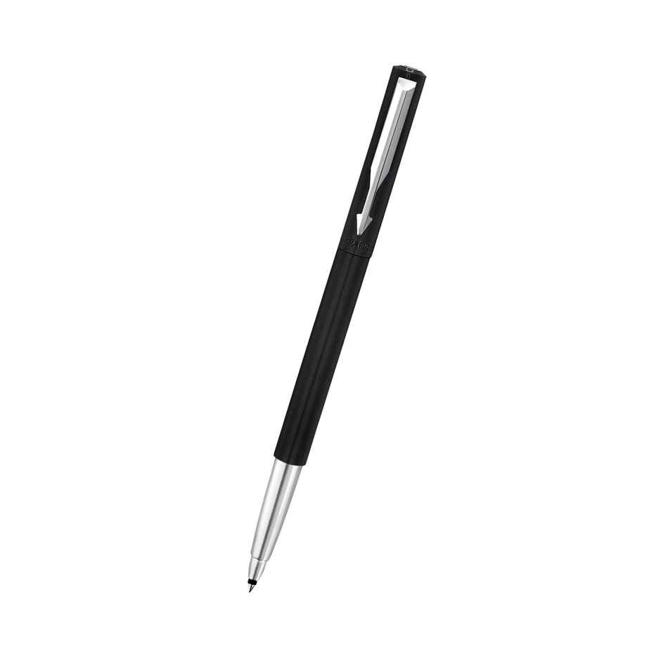 Parker Vector Standard Roller Ball Pen Chrome Trim Black Body (Blue Ink) (1pc) & Mypaperclip Executive Series A5 Notebook | Soft Cover | Blue | 240 Plain Pages | Flat-Lay Design (1pc) Combo