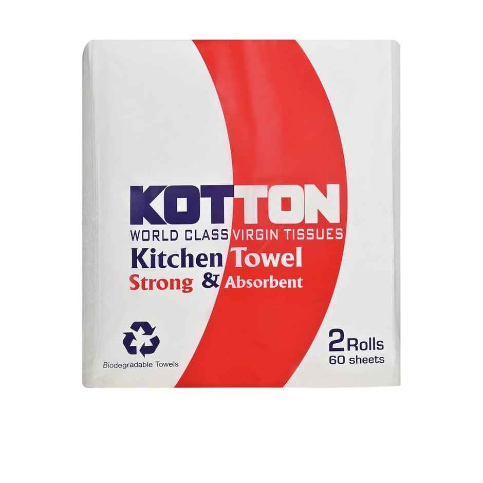 Kotton 2 Ply Kitchen Towel Paper Roll/100% Virgin Pulp/Paper | Pack of 2 Rolls - 60 Pulls Per Roll